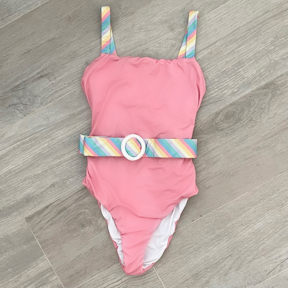 Retro candy pink belted one piece